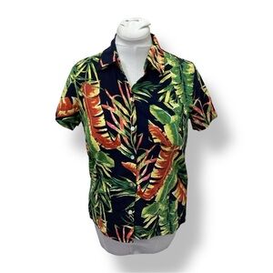 Panama Jack Women’s Button Front Linen Blend Hawaiian Shirt Black Tropical S